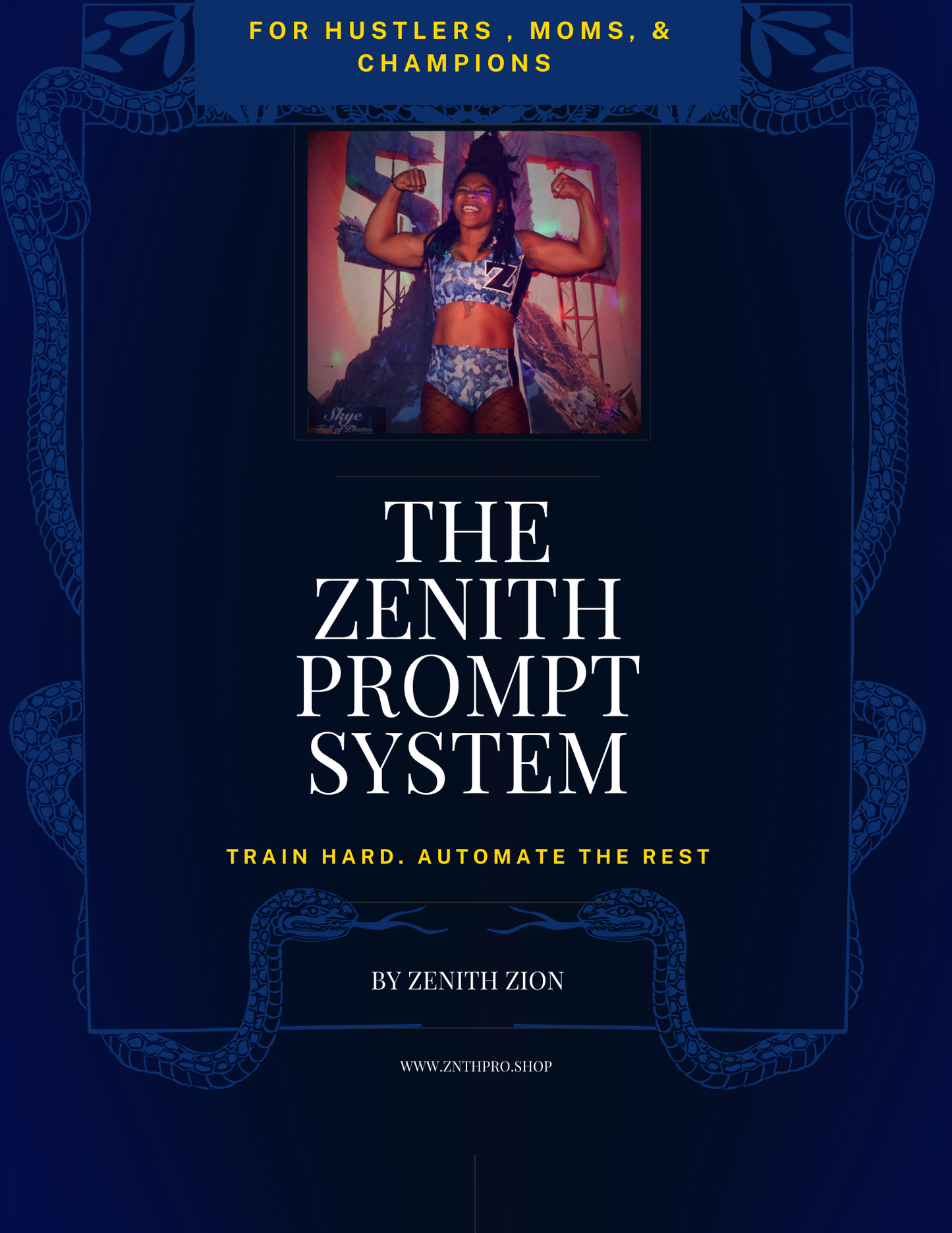 Promotional graphic for 'The Zenith Prompt System' with a person flexing muscles on a blue background.