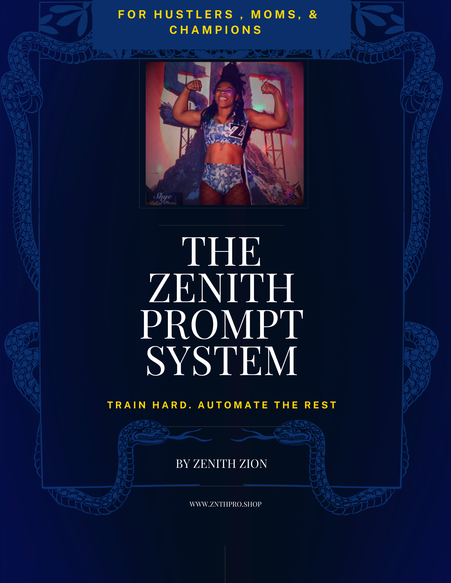 Promotional graphic for 'The Zenith Prompt System' with a person flexing muscles on a blue background.